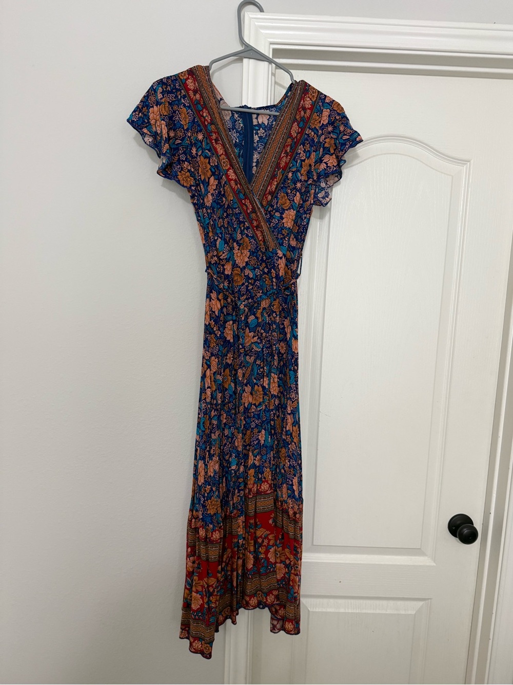 Boho Floral Print Faux Wrap Dress - Fits Medium